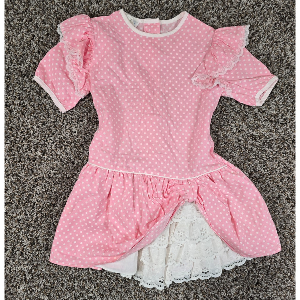 Vtg 1960s Girls Sz 6 Fashionland Dress White Pink Polka Dot Riffle Lace Pageant